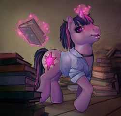 Size: 1604x1532 | Tagged: safe, artist:oops, character:twilight sparkle, character:twilight sparkle (unicorn), species:pony, species:unicorn, g3, book, clothing, female, g4 to g3, generation leap, ponytail, solo, uncanny valley