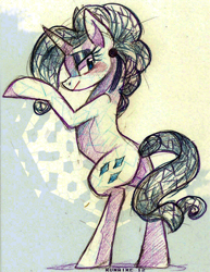Size: 700x905 | Tagged: safe, artist:kunaike, character:rarity, species:crystal pony, species:pony, species:unicorn, blushing, butt, crystallized, female, looking back, mare, plot, solo, traditional art