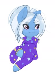 Size: 1154x1536 | Tagged: safe, artist:siripim111, character:trixie, species:pony, species:unicorn, alternate hairstyle, babysitter trixie, bust, clothing, cute, diatrixes, female, gameloft interpretation, hoodie, mare, pigtails, simple background, solo, white background