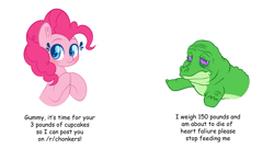 Size: 4583x2500 | Tagged: safe, artist:fannytastical, character:gummy, character:pinkie pie, species:earth pony, species:pony, abuse, alligator, animal abuse, comic sans, dick flattening, female, force feeding, gummybuse, heart eyes, mare, meme, reddit, simple background, text, white background, wingding eyes