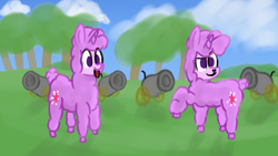 Size: 1920x1080 | Tagged: safe, artist:llamalauncher, character:twilight sparkle, newbie artist training grounds, atg 2020, cannon, duality, female, llama, llamafied, no pupils, raised hoof, scenery, solo, species swap, tongue out
