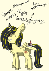 Size: 2121x3065 | Tagged: safe, artist:mlplayer dudez, oc, oc only, oc:lynx, species:pegasus, species:pony, birthday, cake, candle, cel shading, chest fluff, clothing, digital art, ear fluff, food, happy, happy birthday, hat, hoof fluff, party hat, piercing, shading, signature, simple background, smiling, solo, standing, wing hands, wings