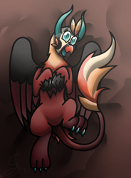 Size: 1062x1440 | Tagged: safe, artist:somber, oc, oc only, species:griffon, species:kirin, bed, bedroom, colored, cute, female, griffon oc, hybrid, lying on bed, on back, on bed, paws, smiling, smiling at you, solo, talons