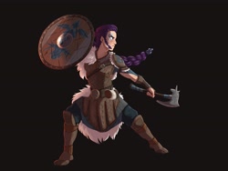 Size: 4000x3000 | Tagged: safe, artist:maxiima, character:rarity, species:human, axe, badass, battle axe, black background, boots, braid, face paint, female, humanized, leather armor, shield, shoes, simple background, solo, viking, weapon