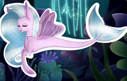 Size: 3070x1954 | Tagged: safe, artist:hestiay, character:silverstream, species:seapony (g4), coral, cute, diastreamies, eyes closed, female, fin wings, fins, fish tail, flowing mane, jewelry, necklace, open mouth, seaquestria, solo, swimming, underwater, water, wings