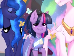 Size: 2048x1536 | Tagged: safe, artist:siripim111, character:princess celestia, character:princess luna, character:twilight sparkle, character:twilight sparkle (alicorn), species:alicorn, species:pony, episode:the last problem, g4, my little pony: friendship is magic, alternate hairstyle, butterfly, chest fluff, clothing, coronation dress, crying, cute, dress, ear fluff, eyes closed, female, mare, royal sisters, scene interpretation, second coronation dress, trio, twiabetes