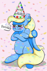 Size: 416x630 | Tagged: safe, artist:fortes-feather, oc, oc only, oc:forté, species:pegasus, species:pony, belly button, birthday, blushing, chubby, clothing, confetti, crossed arms, dialogue, ear fluff, ear piercing, grumpy, happy birthday, hat, huffy, party hat, piercing, pouting, simple background, solo, speech bubble, text