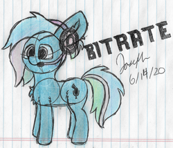 Size: 2333x2000 | Tagged: safe, artist:mlplayer dudez, oc, oc only, oc:bit rate, species:earth pony, species:pony, chest fluff, colored, cute, ear fluff, happy, headphones, headset, leg fluff, mascot, ponyfest, ponyfest online, signature, sketch, smiling, solo, traditional art