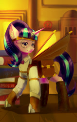 Size: 648x1024 | Tagged: safe, artist:ninebuttom, character:starlight glimmer, species:pony, species:unicorn, artificial wings, augmented, bag, clothing, female, mechanical wing, monocle, s5 starlight, saddle bag, solo, steampunk, wings