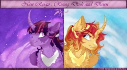 Size: 1024x564 | Tagged: safe, artist:castaspellliana, character:sunset shimmer, character:twilight sparkle, character:twilight sparkle (alicorn), species:alicorn, species:pony, alicornified, alternate universe, banner, curved horn, duo, female, horn, jewelry, mare, race swap, regalia, shimmercorn, siblings, sisters, sky, wings
