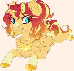 Size: 900x864 | Tagged: safe, artist:castaspellliana, character:sunset shimmer, species:alicorn, species:pony, alicornified, alternate universe, chest fluff, curved horn, ear fluff, female, foal, horn, prone, race swap, shimmercorn, simple background, smiling, solo, wings, younger