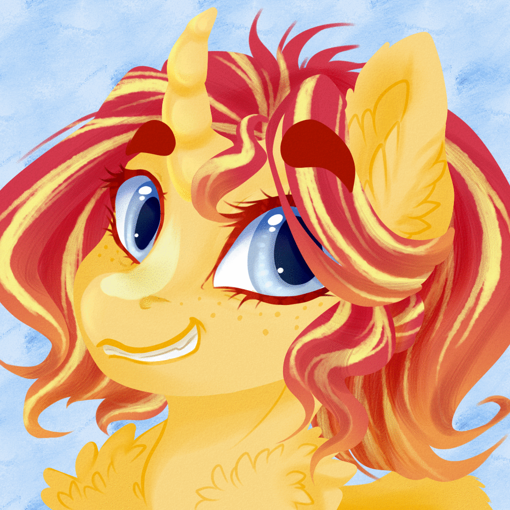 Size: 1000x1000 | Tagged: safe, artist:castaspellliana, character:sunset shimmer, species:alicorn, species:pony, abstract background, animated, curved horn, eyebrow wiggle, eyebrows, female, grin, horn, smiling, solo, wings
