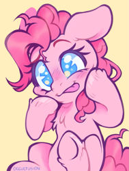 Size: 915x1213 | Tagged: safe, artist:occultusion, character:pinkie pie, species:earth pony, species:pony, g4, blep, chest fluff, colored eyebrows, cute, diapinkes, eyebrows, female, leg fluff, mare, no pupils, raised hoof, signature, silly, silly face, silly pony, simple background, sitting, smiling, solo, tongue out, underhoof, yellow background