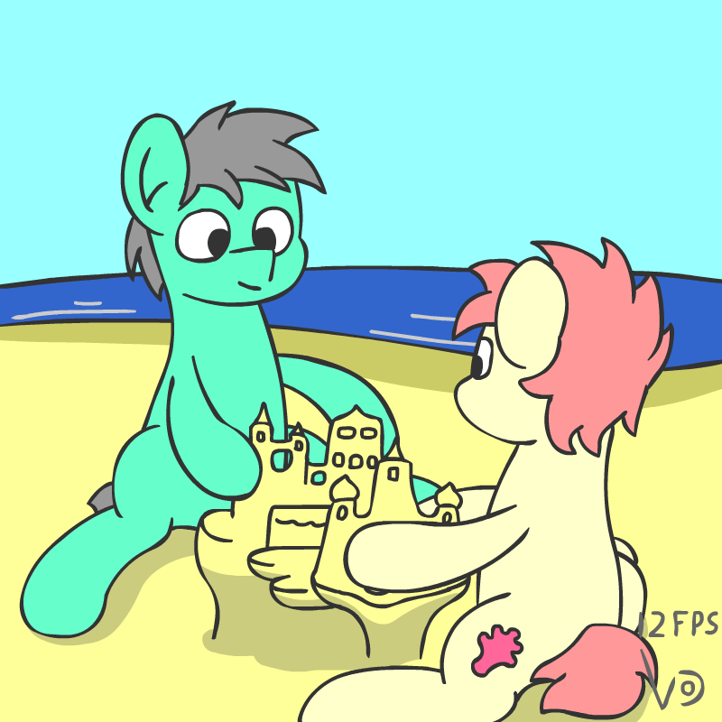 Size: 800x800 | Tagged: safe, artist:vohd, oc, oc only, species:earth pony, species:pony, animated, beach, canterlot, coral, frame by frame, male, ocean, perfect loop, sandcastle, talking