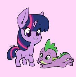 Size: 1721x1737 | Tagged: safe, artist:siripim111, character:spike, character:twilight sparkle, character:twilight sparkle (unicorn), species:dragon, species:pony, species:unicorn, cute, duo, female, male, mare, missing cutie mark, pink background, prone, simple background, spikabetes, twiabetes