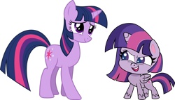 Size: 1280x739 | Tagged: safe, artist:negatif22, character:twilight sparkle, character:twilight sparkle (alicorn), character:twilight sparkle (unicorn), species:alicorn, species:pony, species:unicorn, my little pony:pony life, comparison, female, g4 to g4.5, generational ponidox, mare, ponidox, simple background, transparent background