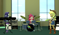 Size: 5120x3072 | Tagged: safe, artist:n3onh100, character:applejack, character:pinkie pie, character:rarity, species:human, my little pony:equestria girls, 3d, bass guitar, canterlot high, drums, keyboard, korg, musical instrument, pendulum, speakers, synthesizer