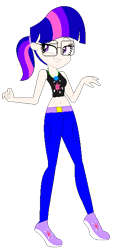 Size: 278x601 | Tagged: safe, artist:azura-bases, artist:mlp-lolada, base used, character:twilight sparkle, species:human, alternate hairstyle, bedroom eyes, belly button, belt, clothing, female, glasses, grin, humanized, jeans, midriff, pants, shoes, simple background, smiling, solo, tank top, transparent background