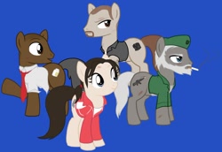 Size: 1280x881 | Tagged: safe, artist:skidd, species:earth pony, species:pony, bill (l4d), clothing, crossover, cutie mark, digital art, female, francis, group, left 4 dead, louis (l4d), male, mare, ponified, smoking, stallion, tail, zoey