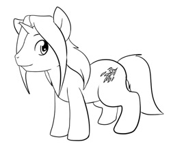 Size: 739x667 | Tagged: safe, artist:skidd, oc, oc only, oc:silvador, species:pony, species:unicorn, cutie mark, digital art, horn, looking at you, male, monochrome, simple background, solo, stallion, tail, white background