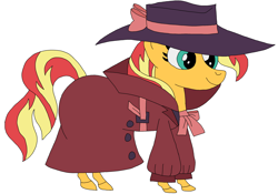 Size: 3208x2240 | Tagged: safe, artist:hubfanlover678, character:sunset shimmer, species:pony, clothing, fedora, female, hat, shadow spade, simple background, solo, trenchcoat, white background