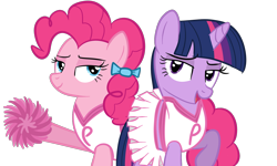 Size: 1500x900 | Tagged: safe, artist:smile, character:pinkie pie, character:twilight sparkle, bedroom eyes, cheerleader, cheerleader pinkie, cheerleader sparkle
