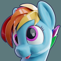 Size: 1600x1600 | Tagged: safe, alternate version, artist:mortarroad, derpibooru original, character:rainbow dash, species:pegasus, species:pony, 3d, blender, blender cycles, blep, bust, cross-eyed, cute, derp, female, mare, mlem, portrait, silly, simple background, solo, tongue out