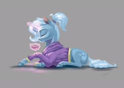 Size: 1920x1358 | Tagged: safe, artist:skyaircobra, character:trixie, species:pony, species:unicorn, alternate hairstyle, babysitter trixie, clothing, cup, female, gray background, hoodie, magic, ponytail, prone, simple background, solo, teacup, telekinesis