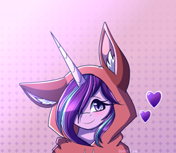 Size: 2300x2000 | Tagged: safe, artist:spirit-fire360, character:starlight glimmer, species:fox, species:pony, species:unicorn, abstract background, alternate hairstyle, blushing, clothing, costume, cute, ear fluff, female, floating heart, glimmerbetes, hair over one eye, heart, hoodie, kigurumi, mare, simple background, solo