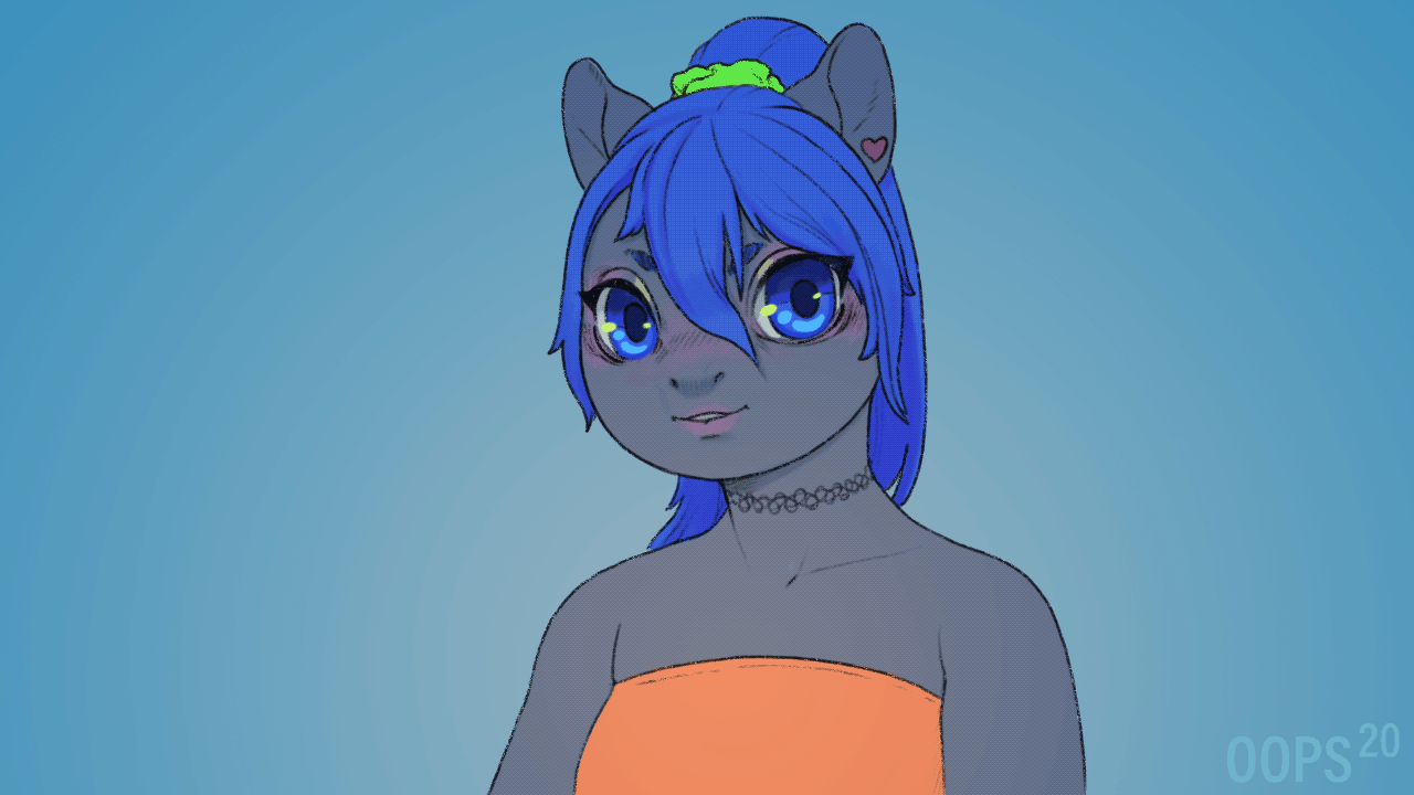 Size: 1280x720 | Tagged: safe, artist:oops, oc, oc:rhealien, species:anthro, accessories, animated, bust, clothing, frame by frame, hello, jewelry, makeup, nail polish, necklace, pierced ears, ponytail, simple background, solo, tube top, uncanny valley, wave