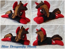 Size: 1280x960 | Tagged: safe, artist:bluedragonflyplush, species:pony, species:unicorn, all time low, clothing, commission, horn, irl, jack barakat, male, photo, plushie, ponified, prone, shirt, solo, stallion, t-shirt
