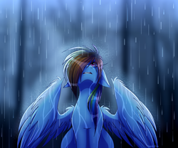 Size: 3000x2500 | Tagged: safe, artist:spirit-fire360, character:rainbow dash, species:pegasus, species:pony, digital art, ear down, female, hair over one eye, looking up, open mouth, rain, sad, solo, wet, wet mane