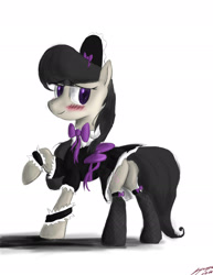 Size: 1700x2199 | Tagged: safe, artist:peperoger, character:octavia melody, species:earth pony, species:pony, blushing, clothing, female, maid, mare, raised hoof, simple background, smiling, solo, white background