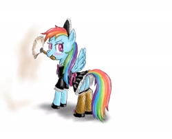 Size: 1772x1431 | Tagged: safe, artist:peperoger, character:rainbow dash, species:pegasus, species:pony, blushing, butt, clothing, duster, female, maid, mare, mouth hold, plot, simple background, solo, white background