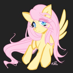 Size: 1280x1280 | Tagged: safe, artist:mimtii, character:fluttershy, species:pegasus, species:pony, blush sticker, blushing, colored pupils, cute, female, looking at you, mare, one wing out, raised hoof, shyabetes, simple background, solo, stray strand, wings