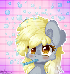 Size: 1800x1900 | Tagged: safe, artist:kindny-chan, character:derpy hooves, species:pegasus, species:pony, abstract background, blushing, bubble, bust, cheek fluff, ear fluff, female, mare, outline, portrait, signature, solo