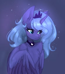 Size: 1256x1413 | Tagged: safe, artist:siripim111, character:princess luna, species:alicorn, species:pony, blue background, chest fluff, crown, cute, ear fluff, female, human shoulders, jewelry, lunabetes, regalia, s1 luna, semi-anthro, shoulder fluff, simple background, solo, two toned wings, wings