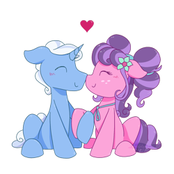 Size: 1350x1350 | Tagged: safe, artist:imaplatypus, character:petunia petals, character:sunny skies, species:earth pony, species:pony, species:unicorn, ship:petuniasky, friendship is magic: rainbow roadtrip, g4, my little pony: friendship is magic, blushing, boop, cute, eyes closed, female, floppy ears, headband, heart, male, mare, noseboop, profile, shipping, simple background, sitting, stallion, straight, transparent background