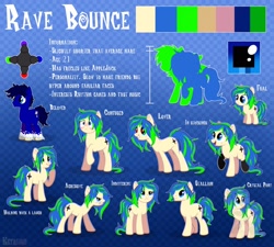 Size: 2048x1842 | Tagged: safe, artist:keyrijgg, oc, oc only, oc:berry cream, oc:ravebounce, species:earth pony, species:pony, abstract background, art, blue background, commission, male, pose, reference sheet, stallion