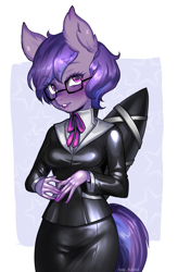 Size: 2047x3118 | Tagged: safe, artist:tawni-tailwind, oc, oc:starshine bomber, species:anthro, species:pegasus, species:pony, bondage, bound wings, business suit, clothing, glasses, intersex, latex, outfit, shiny, solo, wings