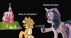 Size: 1400x746 | Tagged: safe, artist:jellymaggot, character:applejack, character:granny smith, character:twilight sparkle, species:earth pony, species:pony, chair, female, gun, mare, meme, sad but true, sweet apple acres, toy, wait it's all ohio, weapon