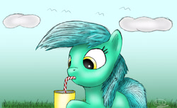 Size: 2354x1444 | Tagged: safe, artist:nebulafactory, character:lyra heartstrings, species:pony, drinking, female, sky, smoothie, solo, straw