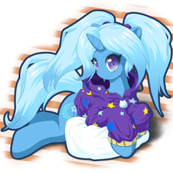 Size: 2000x2000 | Tagged: safe, artist:ragurimo, gameloft, character:trixie, species:pony, species:unicorn, alternate hairstyle, babysitter trixie, beanbag chair, clothing, cute, digital art, gameloft interpretation, hoodie, looking at you, pigtails, pillow, simple background