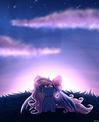 Size: 2600x3200 | Tagged: safe, artist:spirit-fire360, oc, oc:fleurbelle, species:alicorn, species:pony, adorabelle, alicorn oc, bow, chibi, cloud, cute, female, hair bow, horn, looking up, mare, stars, wings, yellow eyes