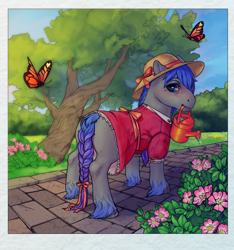 Size: 1536x1640 | Tagged: safe, artist:oops, oc, oc only, oc:rhealien, species:earth pony, species:pony, accessories, bow, braided tail, butterfly, clothing, digital art, dress, flower, garden, grass, hat, hooves, nature, plant, solo, sun hat, tree, water drops, watering can