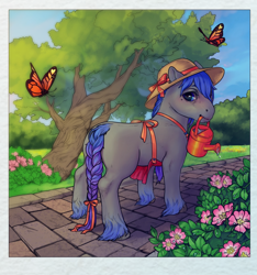 Size: 1536x1640 | Tagged: safe, artist:oops, oc, oc only, oc:rhealien, species:earth pony, species:pony, accessories, apron, bow, braided tail, butterfly, clothing, digital art, flower, garden, grass, hat, nature, plant, solo, sun hat, tree, water drops, watering can