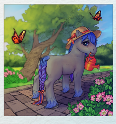 Size: 1536x1640 | Tagged: safe, alternate version, artist:oops, oc, oc only, oc:rhealien, species:earth pony, species:pony, accessories, bow, braided tail, butterfly, digital art, flower, garden, grass, nature, plant, solo, sun hat, tree, water drops, watering can