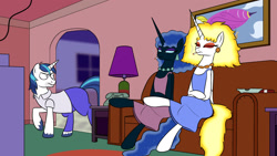 Size: 1920x1080 | Tagged: safe, artist:banebuster, character:daybreaker, character:nightmare moon, character:princess celestia, character:princess luna, character:shining armor, species:alicorn, species:pony, species:unicorn, cigarette, clothing, eyes closed, homer simpson, patty bouvier, selma bouvier, sitting, the simpsons