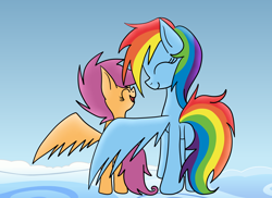 Size: 2200x1600 | Tagged: safe, artist:yourfavoritelove, character:rainbow dash, character:scootaloo, species:pegasus, species:pony, cloud, cute, duo, eyes closed, female, filly, hug, mare, on a cloud, open mouth, scootalove, sky, smiling, winghug