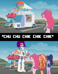 Size: 720x922 | Tagged: safe, artist:electrahybrida, edit, edited screencap, screencap, character:pinkie pie, character:sunset shimmer, character:twilight sparkle, character:twilight sparkle (scitwi), oc, oc:brain freeze, species:eqg human, episode:x marks the spot, g4, my little pony: equestria girls, my little pony:equestria girls, clothing, cybertronian, decepticon, onomatopoeia, robot, rollin' sushi truck, snowcone truck, sound effects, swimsuit, this will end in death, this will end in tears, this will end in tears and/or death, this will end in war, transformation, transformers, transformers canterlot division